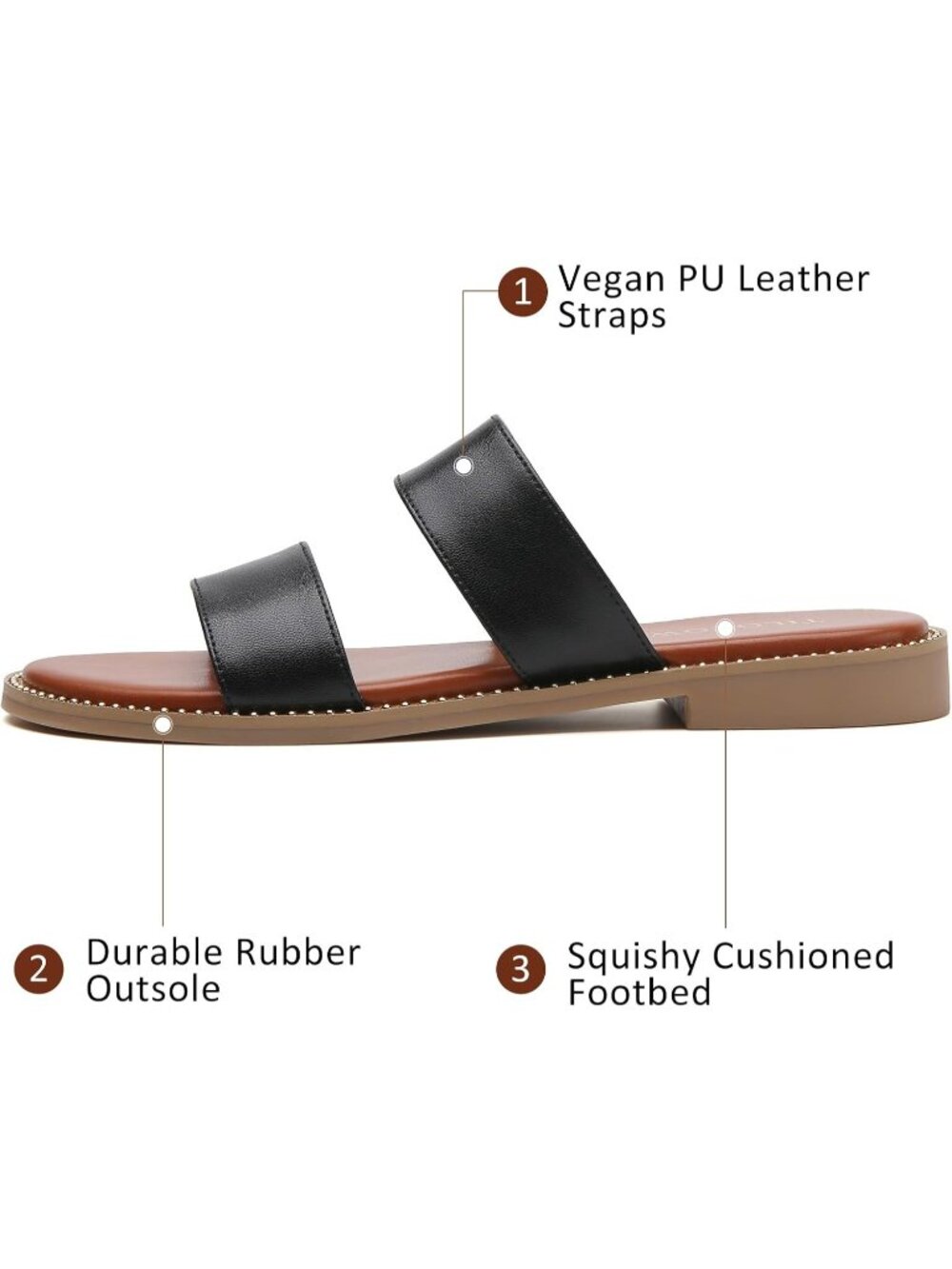 Women's Black Lightweight Stylish Double Straps Rivet Trim Slides Flat Sandals - Picture 4 of 6